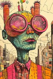 Midjourney generated image using SREF code Psychedelic Panoramas: A drawing of a man wearing a pair of goggles.