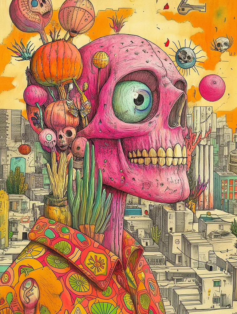 Midjourney generated image using SREF code Psychedelic Panoramas: A drawing of a pink skull with a city in the background.