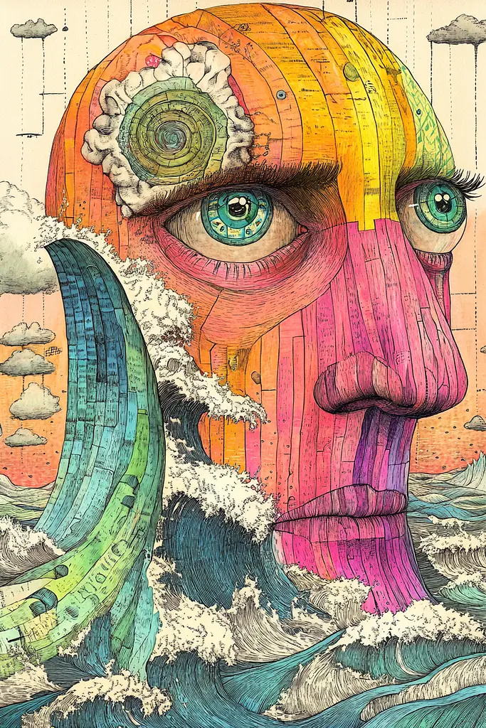 Midjourney generated image using SREF code Psychedelic Panoramas: A drawing of a man's face in the middle of the ocean.