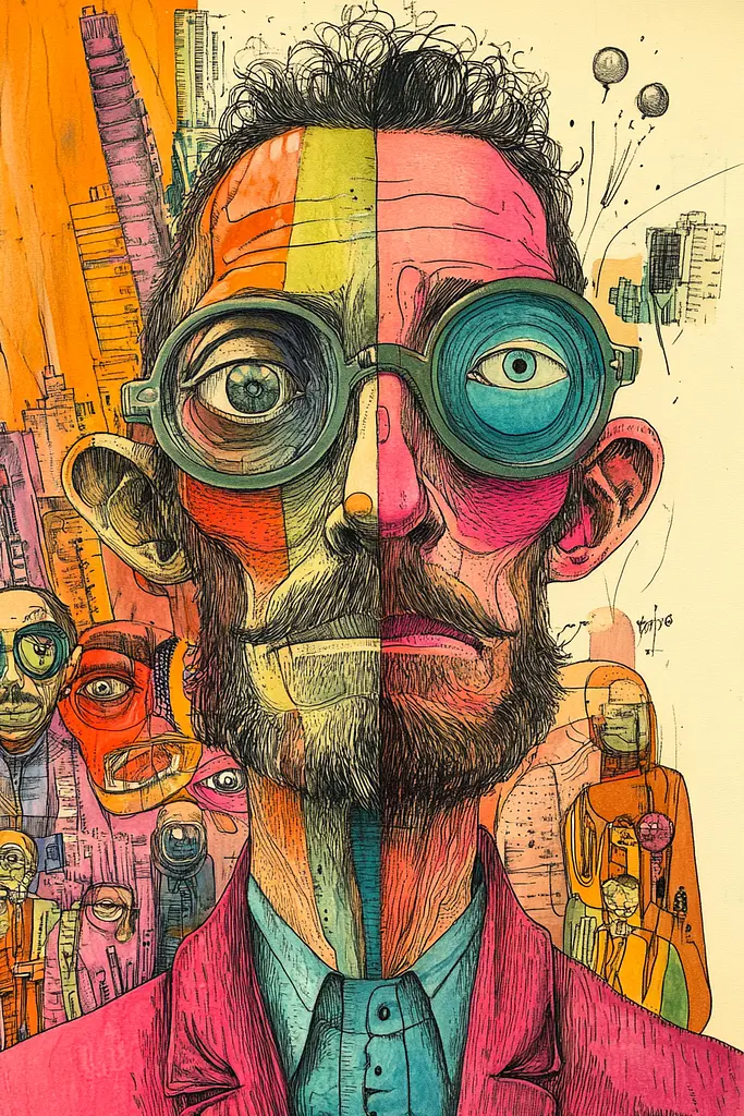 Midjourney generated image using SREF code Psychedelic Panoramas: A drawing of a man with glasses and a beard.