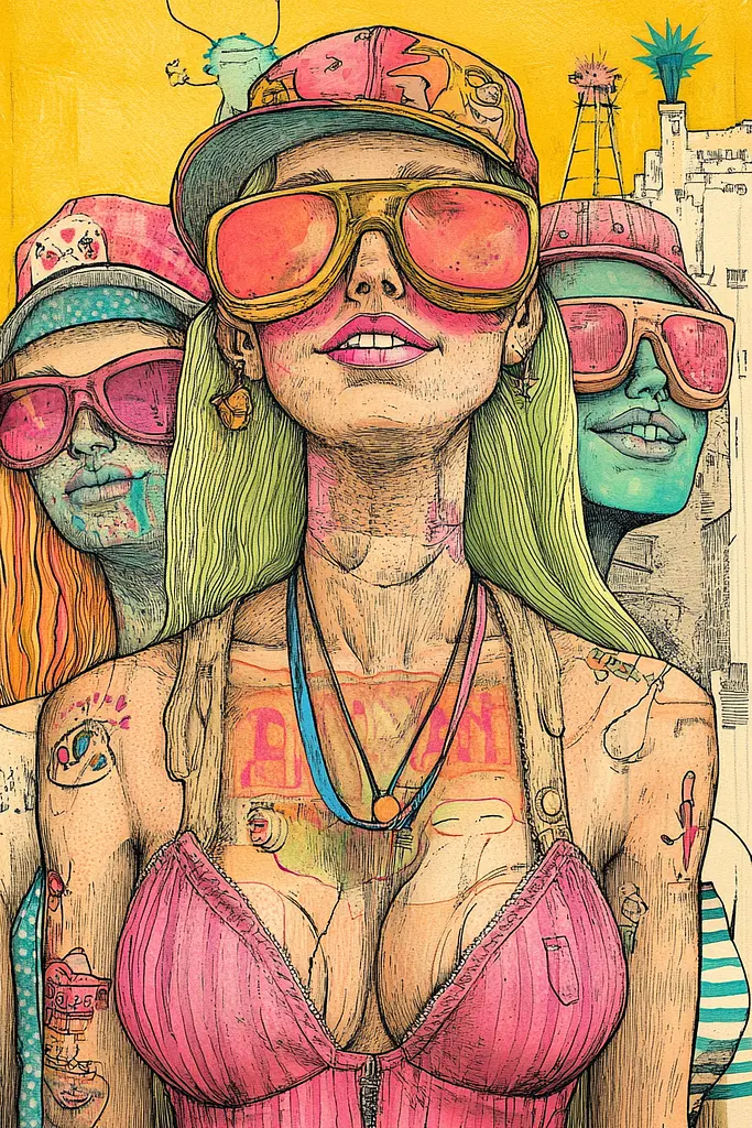 Midjourney generated image using SREF code Psychedelic Panoramas: A drawing of a woman in a pink bikini and sunglasses.