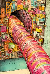 Midjourney generated image using SREF code Psychedelic Panoramas: A drawing of a colorful pipe in a room.