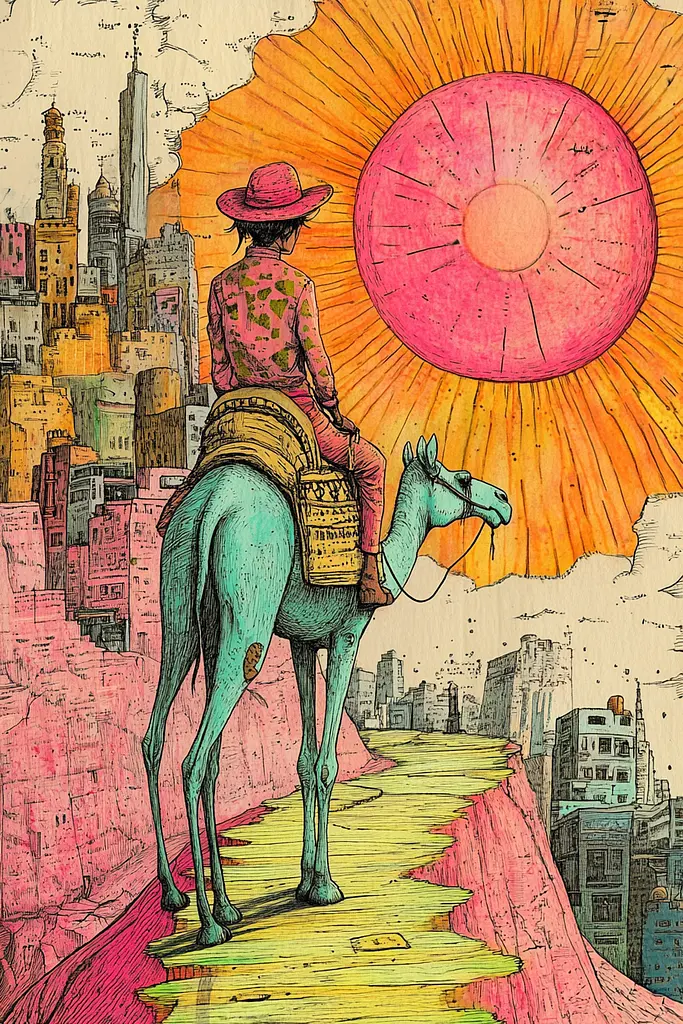 Midjourney generated image using SREF code Psychedelic Panoramas: A drawing of a man riding a camel in front of a city.