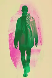 Midjourney generated image using SREF code Dreamwave Vortex: A silhouette of a man walking in a green jacket.