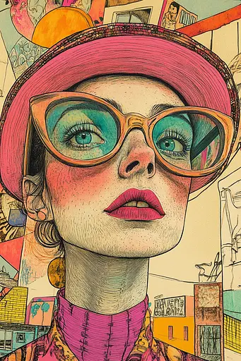 Midjourney generated image using SREF code Psychedelic Panoramas: A drawing of a woman wearing a pink hat and glasses.