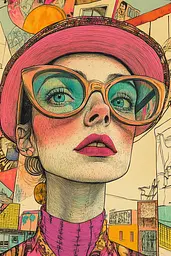 Midjourney generated image using SREF code Psychedelic Panoramas: A drawing of a woman wearing a pink hat and glasses.