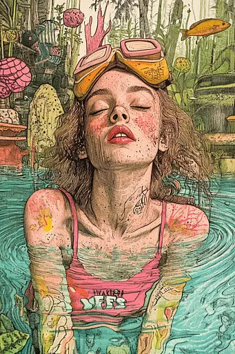 Midjourney generated image using SREF code Psychedelic Panoramas: A drawing of a girl in a pool with goggles on.