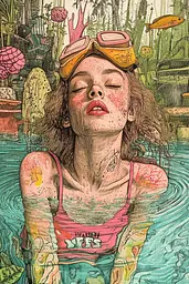 Midjourney generated image using SREF code Psychedelic Panoramas: A drawing of a girl in a pool with goggles on.