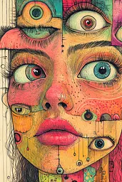 Midjourney generated image using SREF code Psychedelic Panoramas: A drawing of a woman's face with many different colored eyes.