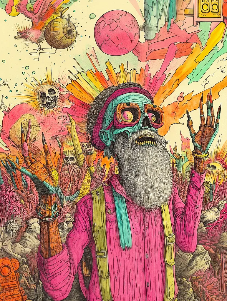 Midjourney generated image using SREF code Psychedelic Panoramas: A drawing of a man with a long beard and glasses.