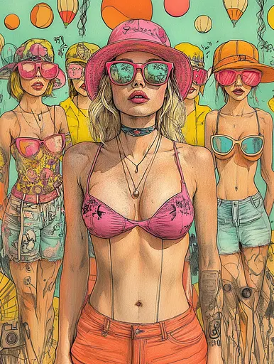 Midjourney generated image using SREF code Psychedelic Panoramas: A drawing of a woman in a pink bikini and sunglasses.