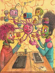 Midjourney generated image using SREF code Psychedelic Panoramas: A drawing of two people sitting at a table with a laptop.