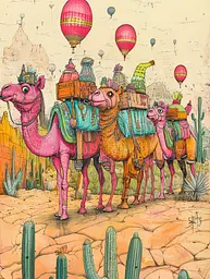 Midjourney generated image using SREF code Psychedelic Panoramas: A group of camels with hot air balloons in the background.