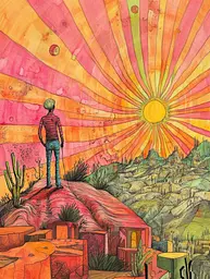 Midjourney generated image using SREF code Psychedelic Panoramas: A drawing of a man standing on top of a hill.