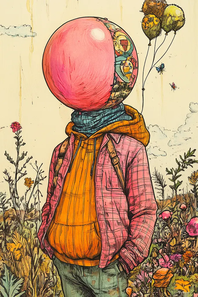 Midjourney generated image using SREF code Psychedelic Panoramas: A drawing of a person with a pink balloon on their head.