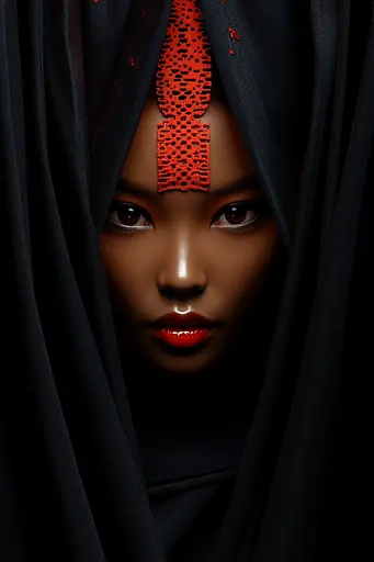 Midjourney generated image using SREF code Vermilion Veil: A woman wearing a black veil with a red headpiece on her head.