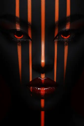 Midjourney generated image using SREF code Vermilion Veil: A woman with red eyes and black stripes on her face.