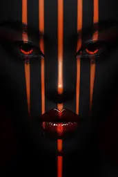 Midjourney generated image using SREF code Vermilion Veil: A woman with red eyes and black stripes on her face.