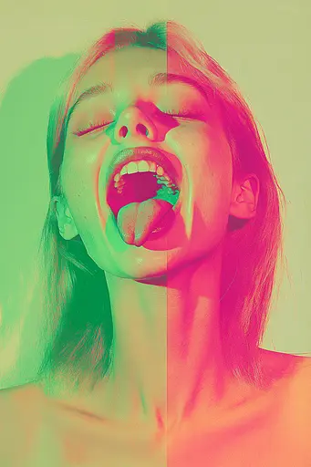 Midjourney generated image using SREF code Dreamwave Vortex: A woman sticking out her tongue in front of a green and yellow background.