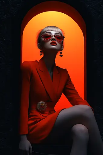 Midjourney generated image using SREF code Vermilion Veil: A woman in a red suit and sunglasses sitting in a doorway.