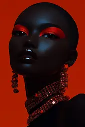 Midjourney generated image using SREF code Vermilion Veil: A woman with black skin and red eye makeup.