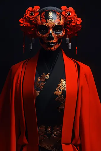 Midjourney generated image using SREF code Vermilion Veil: A woman in a red kimono with a skull on her head.