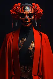 Midjourney generated image using SREF code Vermilion Veil: A woman in a red kimono with a skull on her head.