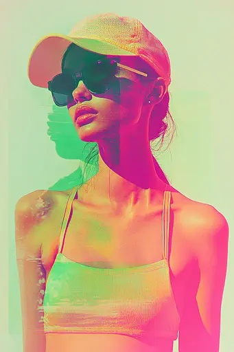 Midjourney generated image using SREF code Dreamwave Vortex: A woman wearing a hat and sunglasses standing in front of a green background.