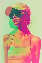 Midjourney generated image using SREF code Dreamwave Vortex: A woman wearing a hat and sunglasses standing in front of a green background.