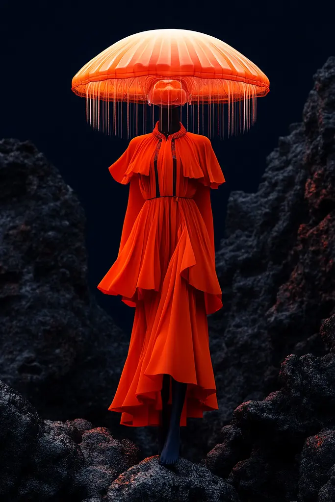 Midjourney generated image using SREF code Vermilion Veil: A woman in an orange dress standing on a rock.