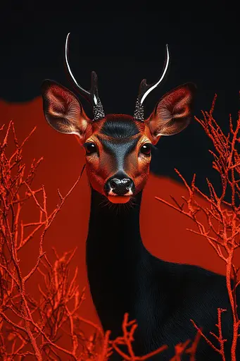 Midjourney generated image using SREF code Vermilion Veil: A deer with antlers standing in front of a red background.