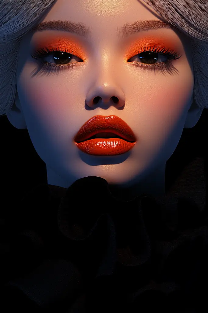 Midjourney generated image using SREF code Vermilion Veil: A close up of a woman's face with orange lipstick.