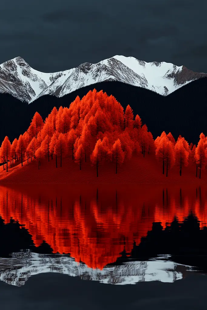 Midjourney generated image using SREF code Vermilion Veil: A red forest is reflected in the water of a lake.