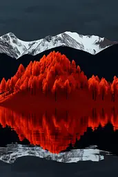 Midjourney generated image using SREF code Vermilion Veil: A red forest is reflected in the water of a lake.