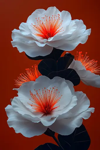 Midjourney generated image using SREF code Vermilion Veil: Three white flowers with red stamens on a red background.