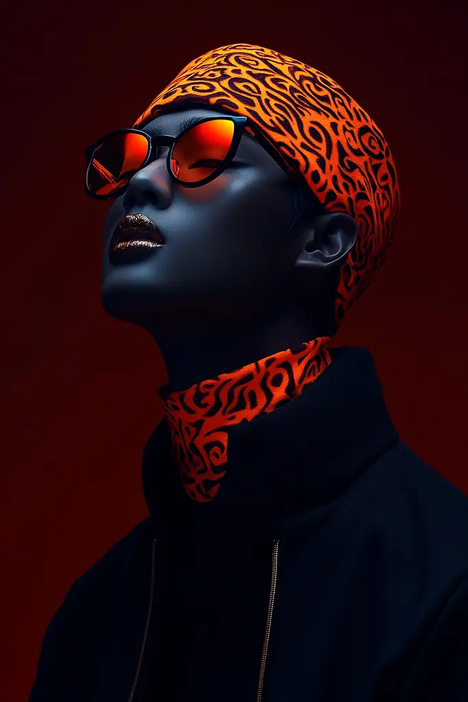 Midjourney generated image using SREF code Vermilion Veil: A woman wearing a headscarf and sunglasses in a dark room.