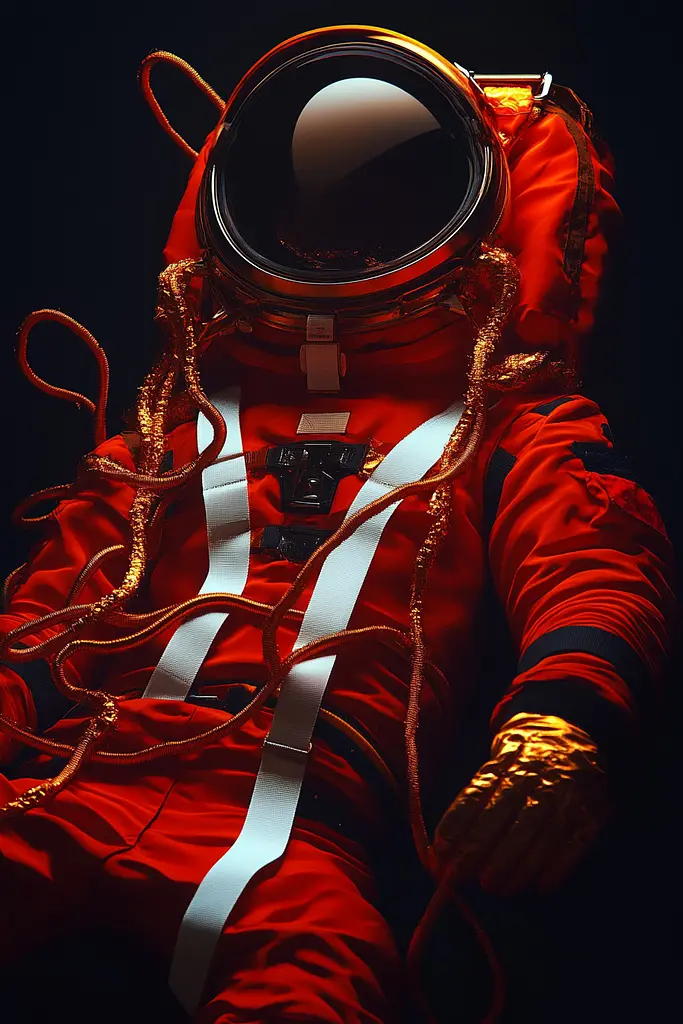 Midjourney generated image using SREF code Vermilion Veil: A man in a red space suit with a helmet on.