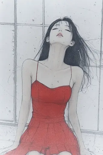 Midjourney generated image using SREF code Monochrome Musings: A drawing of a woman in a red dress.