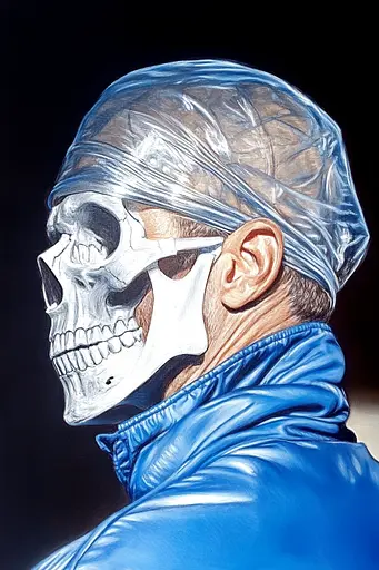 Midjourney generated image using SREF code Hyper Hues: A drawing of a man with a skull wrapped in plastic.