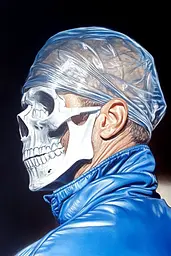 Midjourney generated image using SREF code Hyper Hues: A drawing of a man with a skull wrapped in plastic.