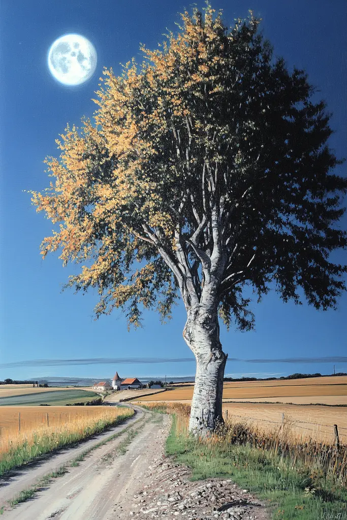 Midjourney generated image using SREF code Hyper Hues: A painting of a tree on a dirt road with a full moon in the background.