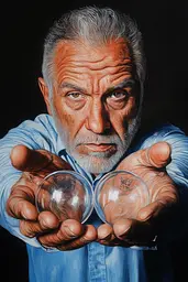 Midjourney generated image using SREF code Hyper Hues: A painting of a man holding two crystal balls in his hands.