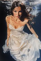 Midjourney generated image using SREF code Hyper Hues: A painting of a woman in a white dress floating in the water.