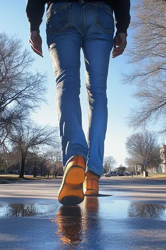 Midjourney generated image using SREF code Hyper Hues: A person walking down a street with their feet in the water.