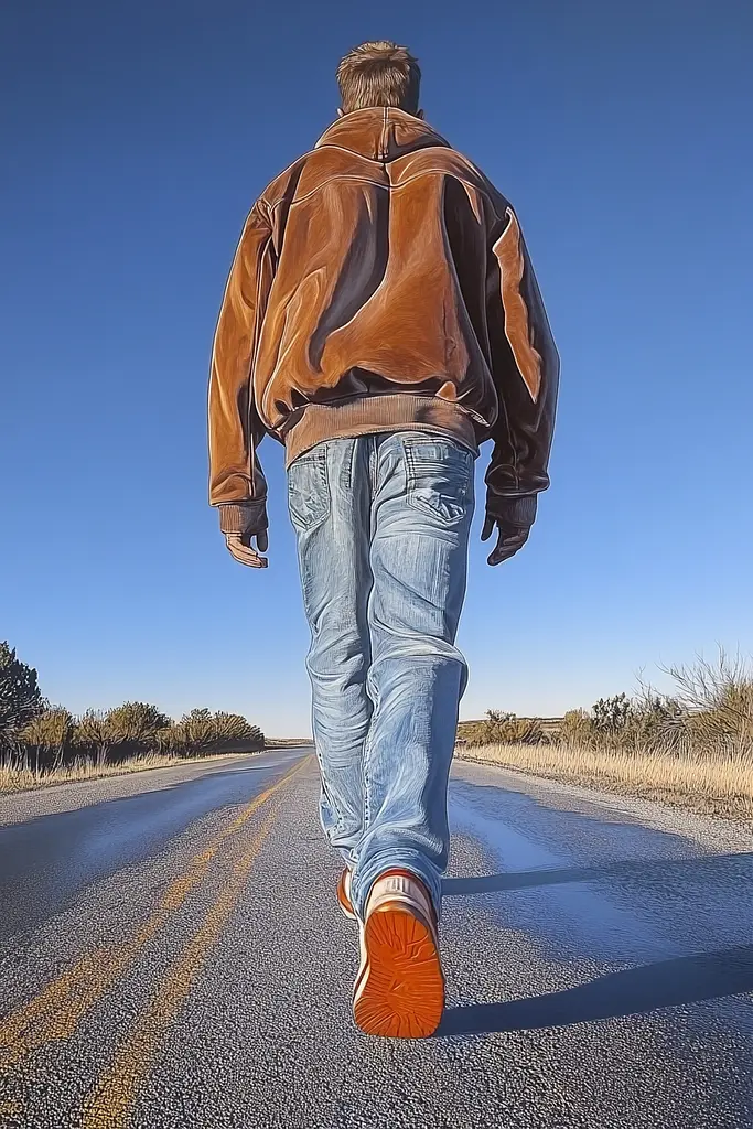 Midjourney generated image using SREF code Hyper Hues: A man walking down a road with a brown jacket on.