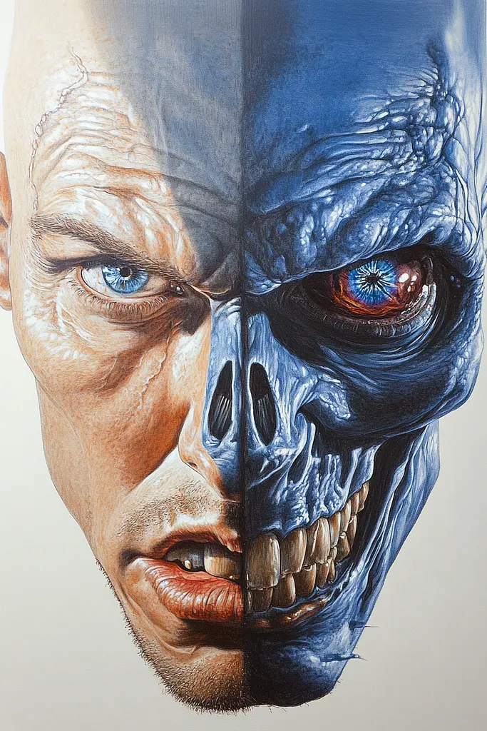 Midjourney generated image using SREF code Hyper Hues: A painting of a man with blue eyes and a skull.