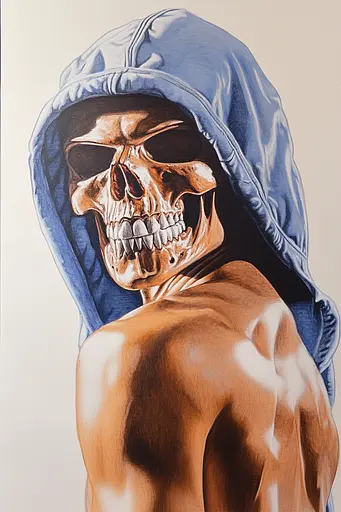 Midjourney generated image using SREF code Hyper Hues: A painting of a man with a skull in a hoodie.