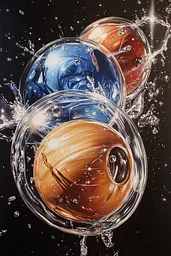 Midjourney generated image using SREF code Hyper Hues: A painting of three planets in water with splashes of water.