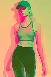 Midjourney generated image using SREF code Dreamwave Vortex: A woman in a green sports bra top and green pants.