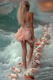 Midjourney generated image using SREF code Pixie Pixels: A woman in a pink dress standing in the ocean surrounded by seagulls.